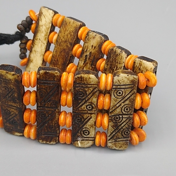 Handmade Engraved Wood & Bead Wide Cuff Bracelet with Black Cord Button Closure - Picture 4 of 12